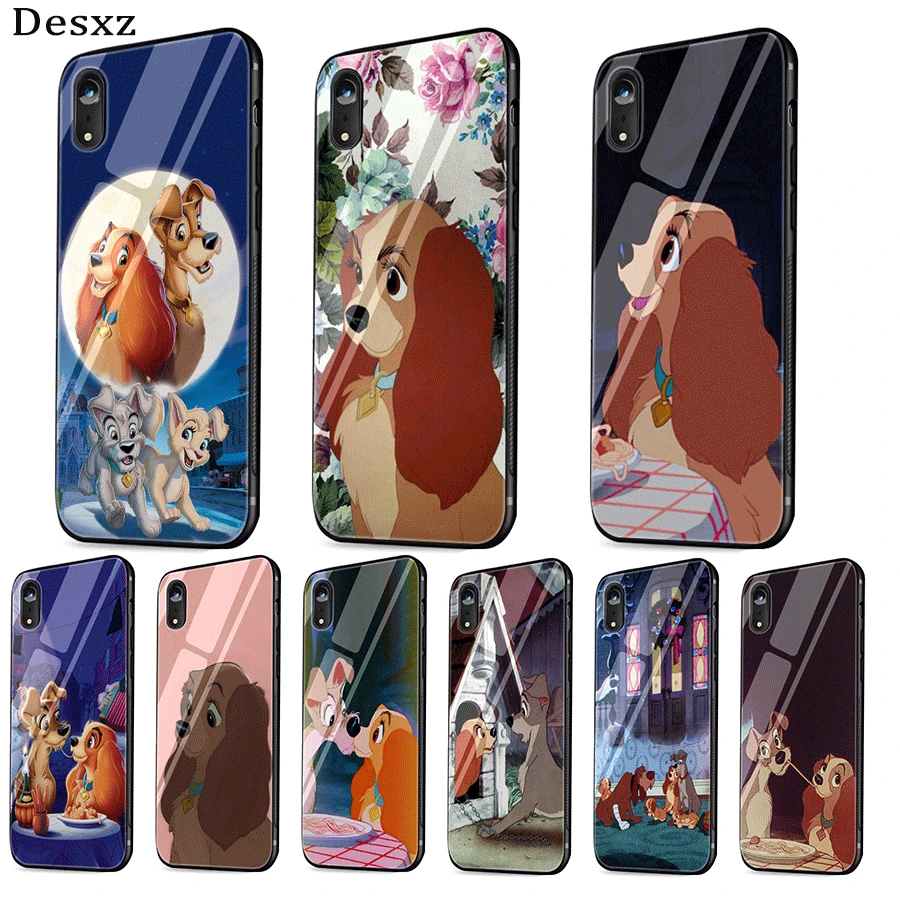 Mobile Phone Case Glass Tpu For Iphone 5 5s 6 6s 7 8 Plus X XR XS Max Shell Cover Cartoon Dog Lady And Tramp Protection | Мобильные