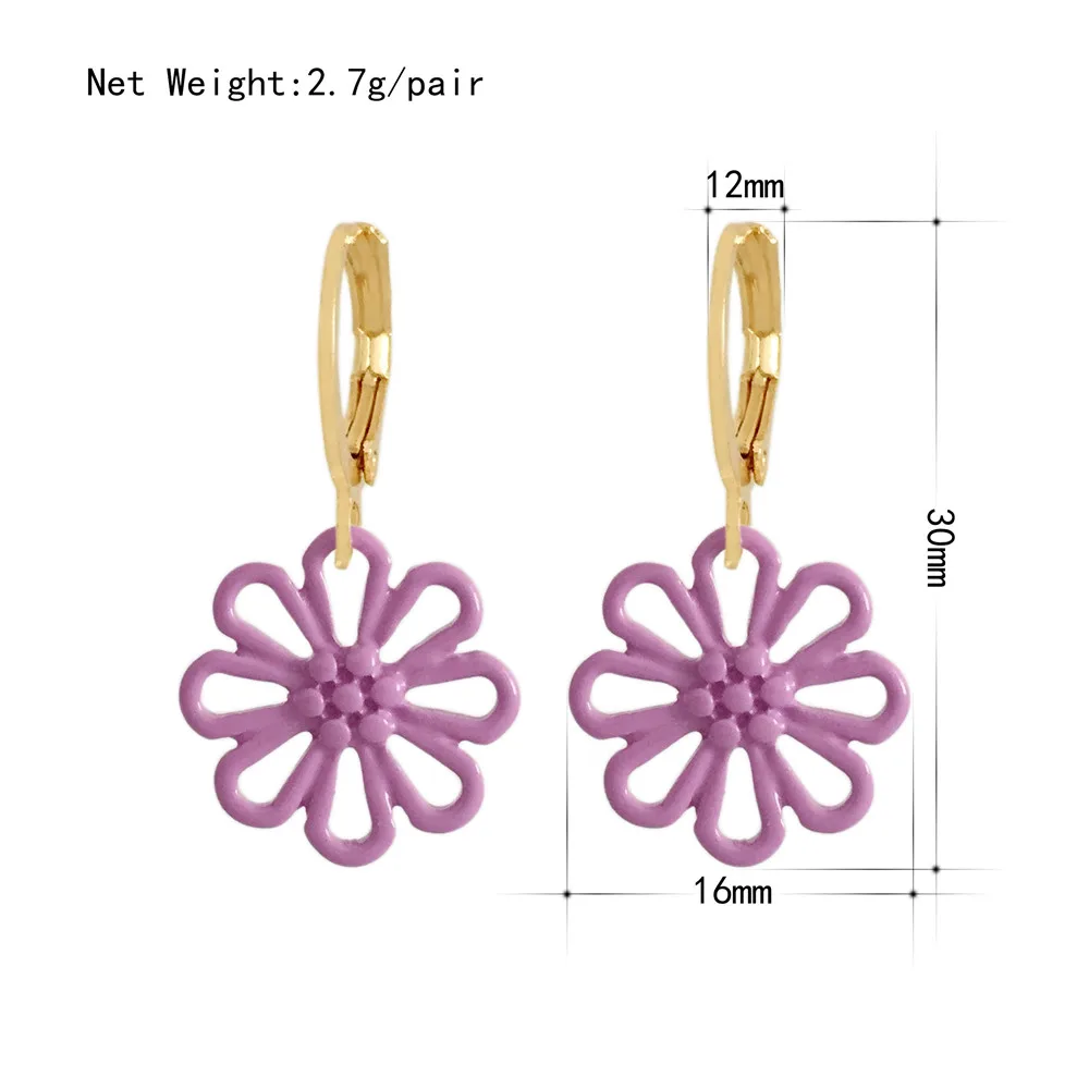 

Super Sweet Gold Color Plating White Yellow Green Orange Pink Purple Green Flower Charm Hoop Earrings For Girl Cute Accessary