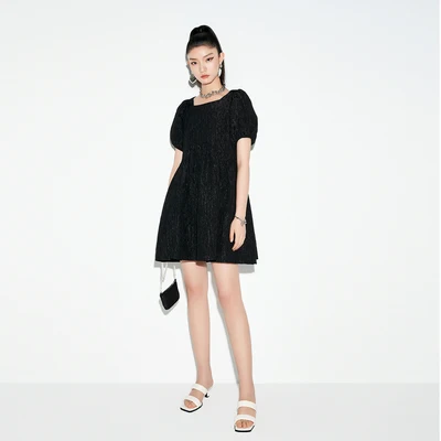 

HAN Pearl bag square collar dress summer new style mini skirt wild waist slimming A-line skirt solid color pure cotton fashion