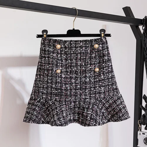 black skirt Осенне-зимний комплект из двух предметов, спортивный костюм женская одежда элегантный вязаный свитер с бисером+ короткая твидовая юбка русалки, костюм - Цвет: black skirt