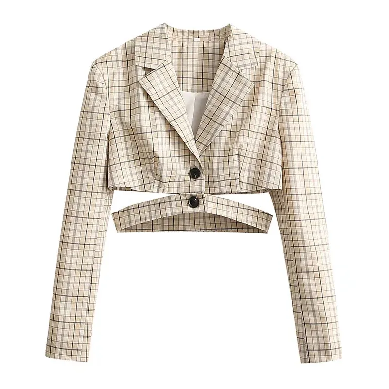 

Merodi Stylish Lady Hollow Out High Waist Autumn Short Jackets Womens V-Neck Long Sleeve Plaid Print Casual Slim Outwear