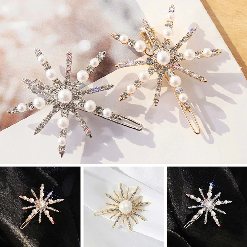 

New Luxury Shining Crystal Pearls Snowflake Hairpins For Women Elegant Headband Barrettes Hair Clips Fashion Hair Accessories