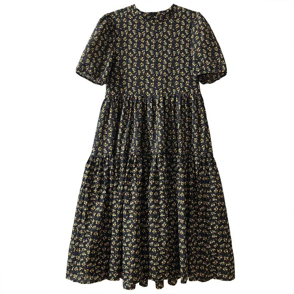 

Floral Print Dresses Female Summer Short Sleeve 2021 Mid-Length Dress Casual A-Line O-Neck Pleated Women's Dress
