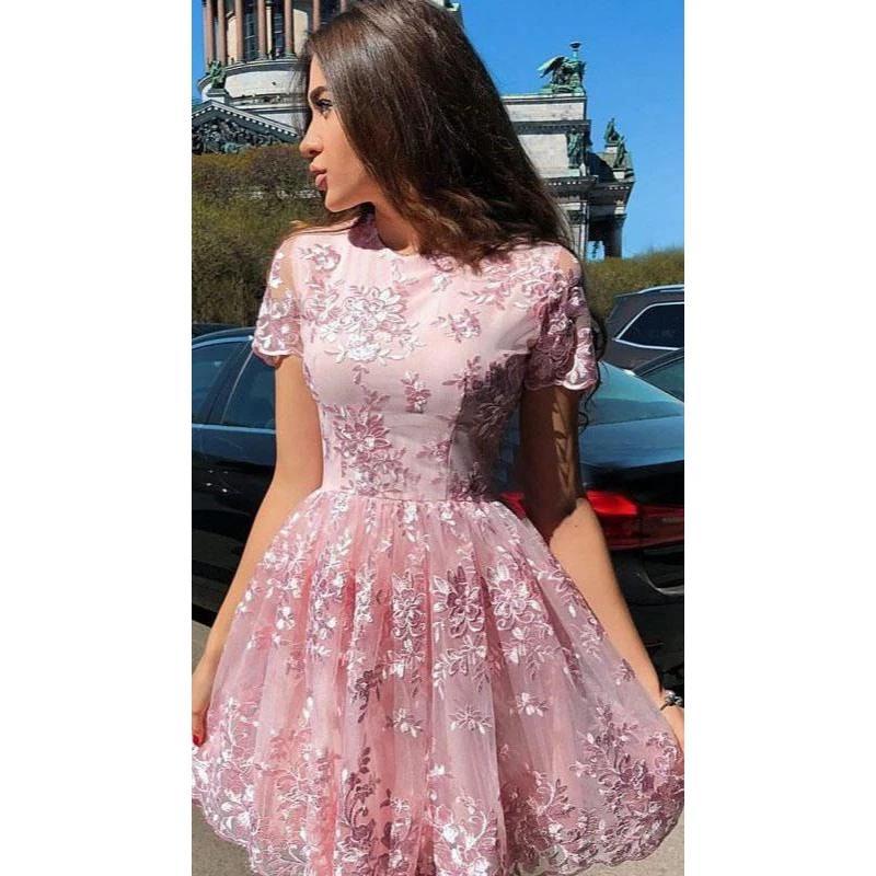 Pink Flower Short Lace Homecoming Dresses 2021 Ball Gown Short/Mini Length Appliques Elegant Pretty Cocktail Party | Свадьбы и