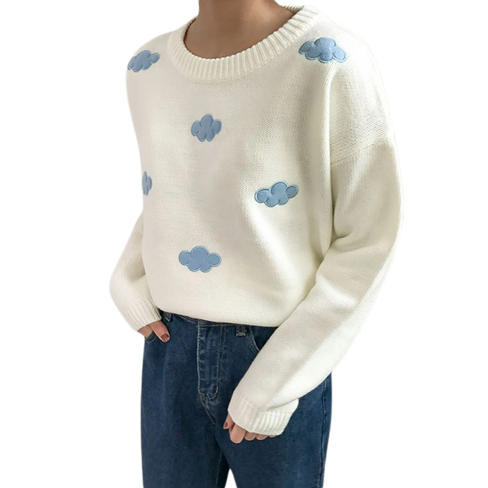 

Новинка 2021, Женский Повседневный вязаный свитер, милый пуловер с длинным рукавом и круглым вырезом для взрослых с облачным рисунком