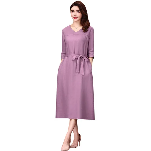 Женское однотонное платье с V-образным вырезом повседневное свободное