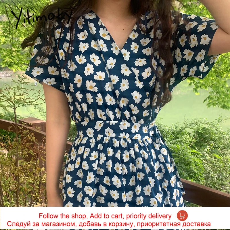 

Yitimoky Vintage Woman Dress V-Neck Puff Sleeve 2021 Summer Fashion High Waist Floral Printing Bohemian Casual Dresses Lace Up