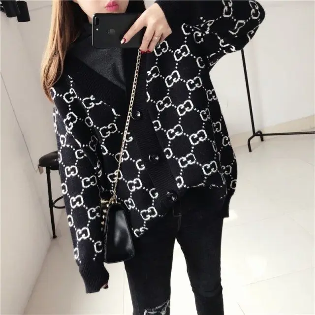 

European station autumn new Korean jacquard double G letter sweater women's cardigan regular loose knit jacket