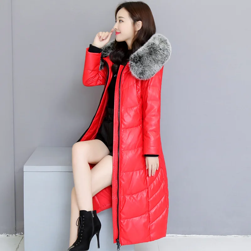 Leather Women's Genuine New Winter 90% White Duck Down Fox Fur Collar Jacket Women Long Coat Plus size 5XL
