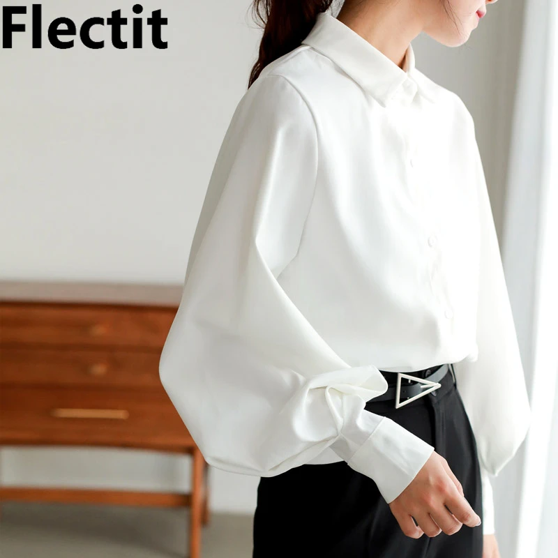 Flectit Balloon Sleeve Button Down Blouse Women White Collar Basic Ladies Business Chic Outfit *