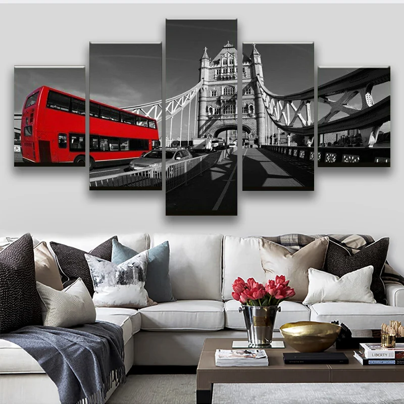 

Red Bus In London Bridge 5 Panel Canvas Picture Print Wall Art Canvas Painting Wall Decor for Living Room Poster No Framed