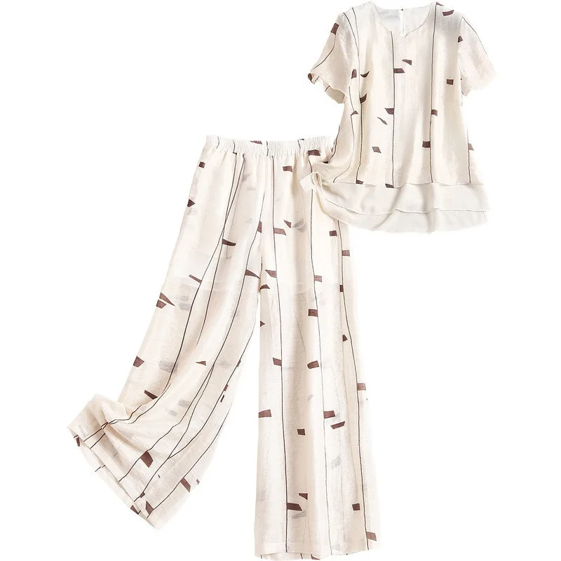 

2 Piece Set Women Print Short Sleeve Irregular Top High Waist Wide Leg Trousers Suit O-Neck Pullover Pants Set