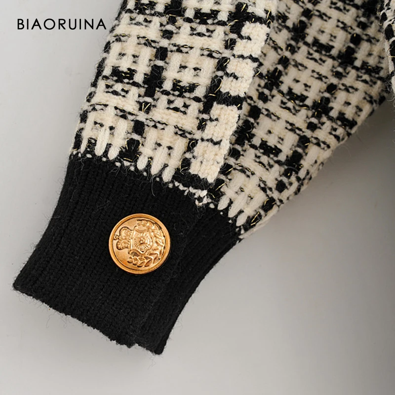 BIAORUINA Women's Fashion V-neck Chic Single Breasted Knit Cardigans Female Thick Keep Warm Swallow Gird Plaid Sweater Outerwear |