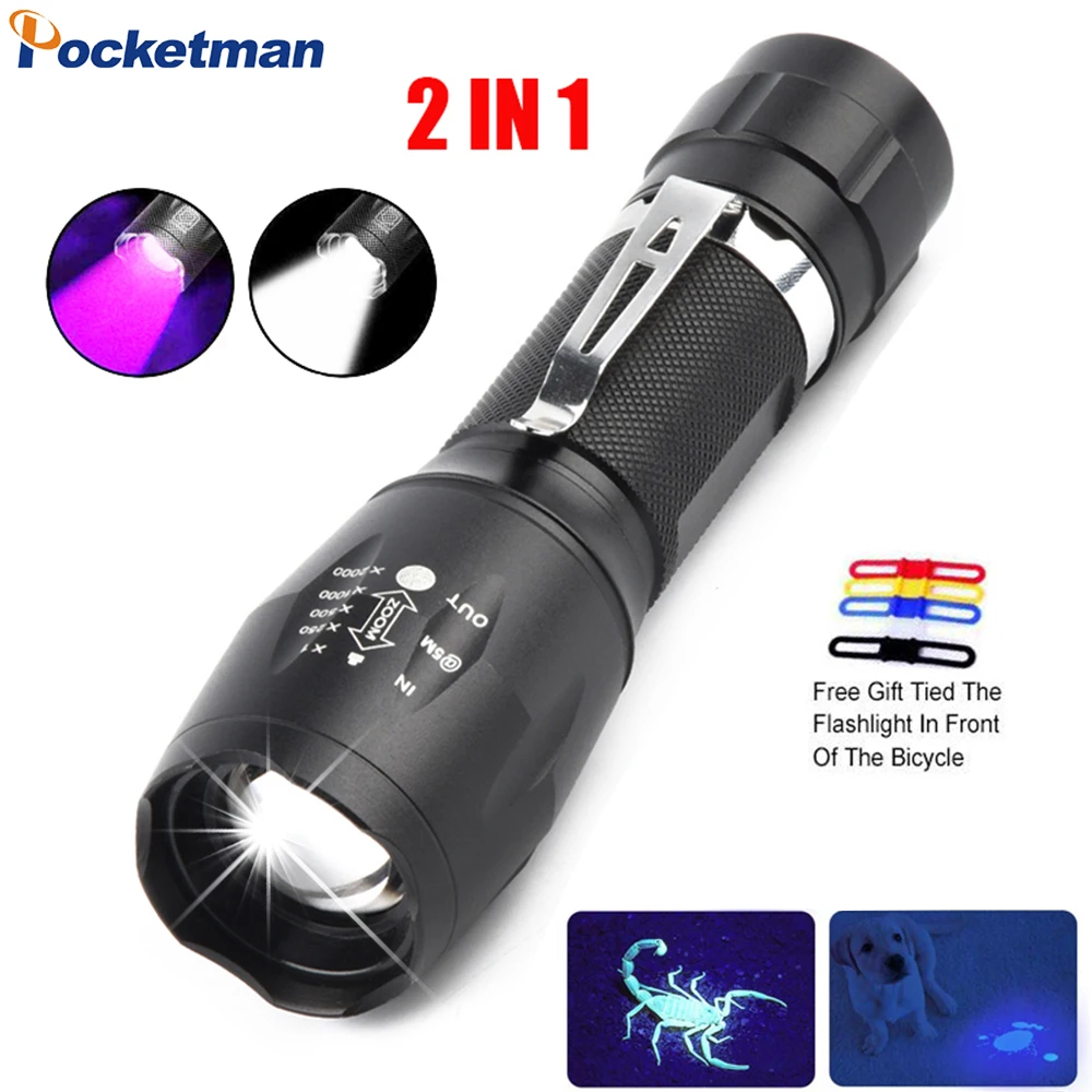 Portable UV LED Flashlight 2 in 1 Purple White Light Flashlight Black Light Ultraviolet Torch Ultraviolet Room Urine Detector