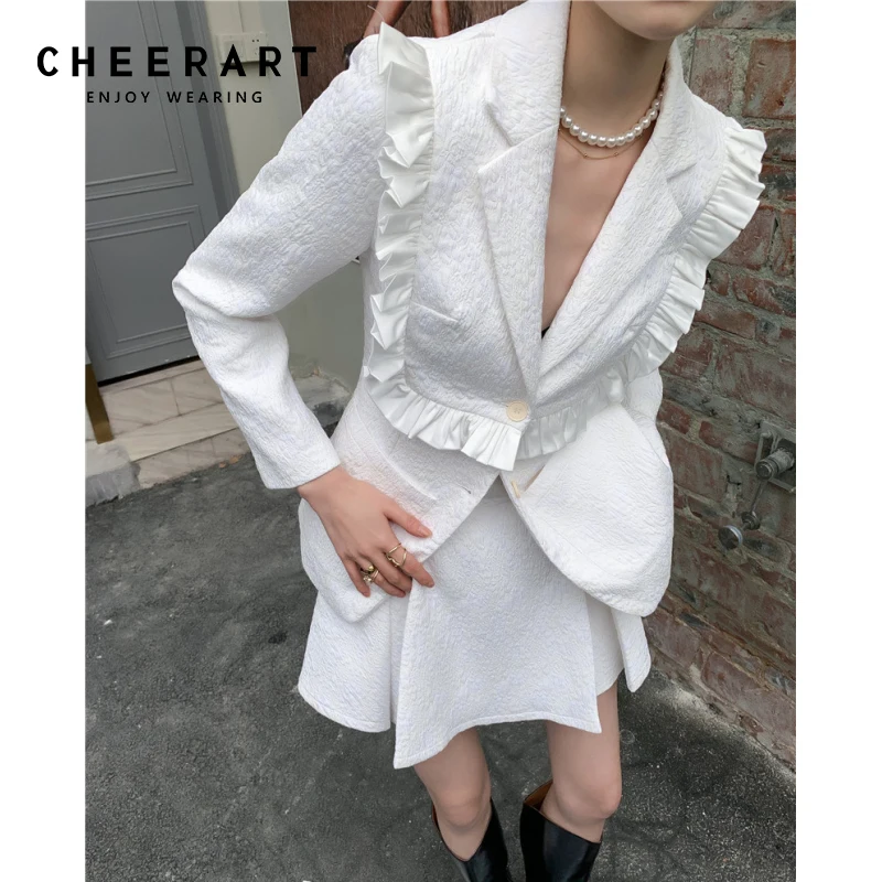 CHEERART 2 Piece Blazer And Skirt Set Designer Ruffle Jacquard High Fashion Slim Blazer Suit For Women Female Autumn Two Pieces