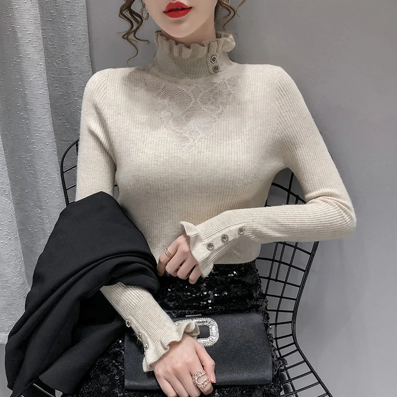 

Lace Turtleneck Women Sweater Pullovers Solid Flare Sleeved Elastic Slim Office Lady Elegant Pulls Tops
