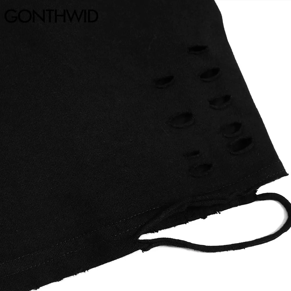 

GONTHWID T-Shirts Hip Hop Solid Color Chain Tees Shirts Destroyed Holes Harajuku Cotton Streetwear Loose Fashion Tshirts Tops