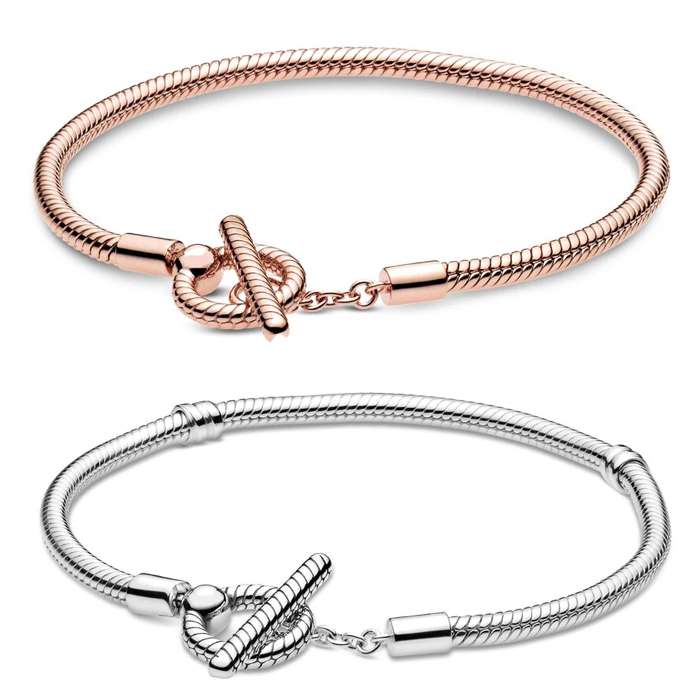 

2020 NEW 100% 925 Sterling Silver Rose Gold Moments T-Bar Snake Chain Bracelet Fit DIY Europe Women Original Fashion Jewelry