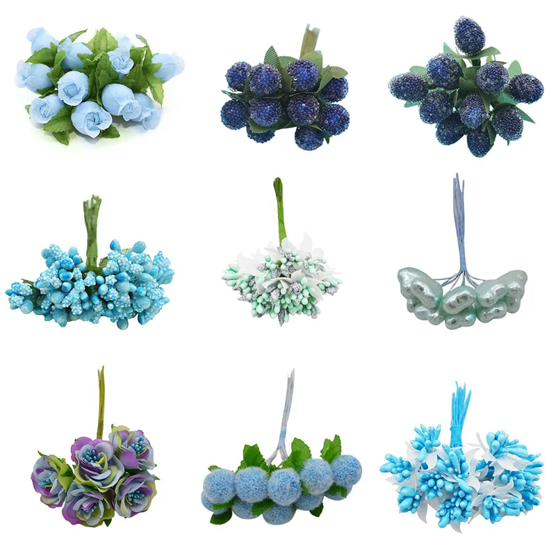 

Mini Mixed Blue Artificial Plant Flowers Cherry Stamen Berries Bouquet Gift Box DIY Wreath Christmas Wedding Party Deco Supplie