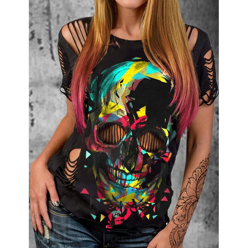

Europe and the United States summer skull print hole open back personality Street Short Sleeve T-Shirt Top y2k tops sexy tops