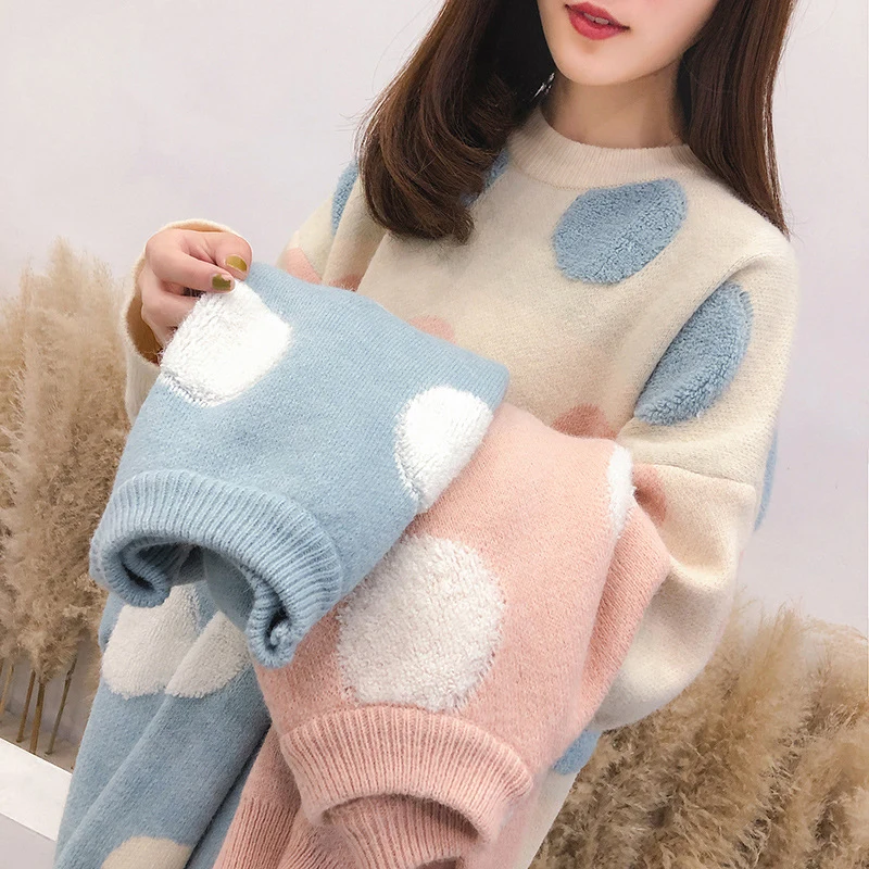 Женский милый sweater в горошек TIGENA, теплый вязаный свободный пуловер с длинным рукавом, джемпер для женщин на зиму
