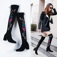 autumn and winter new high boots fashion over the knee flock embroider zip pointed toe med 3cm 5cm square heel plus velvet