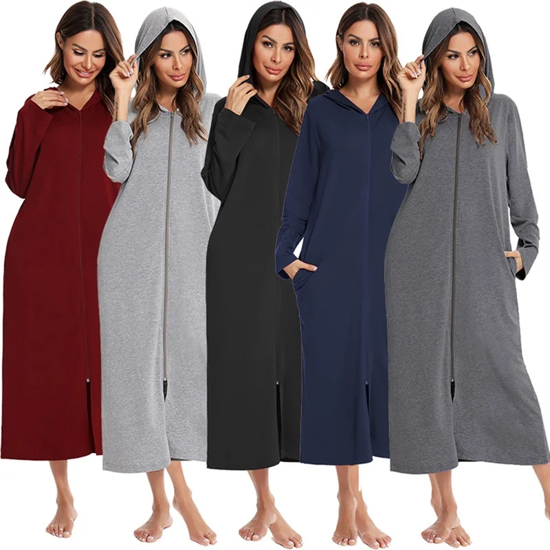 

Ladies Fashion Solid Sleepshirts Zipper Loose Nightdress Casual Women Long-Sleeved Pajamas Hooded Nightgowns