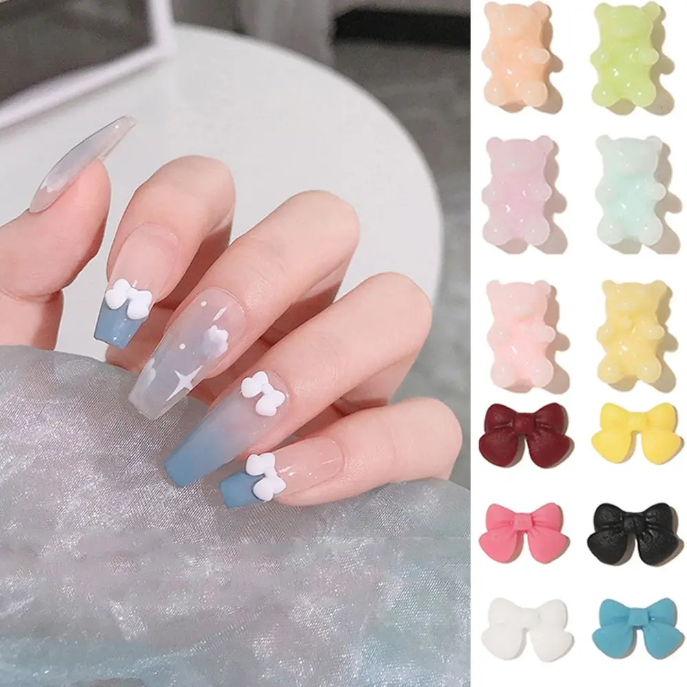 

30Pcs/Bag 3D Cartoon Jelly Cute Charms Matte Candy Color Resin Bear Bow Nail Studs Nail Parts Decoration Nail Art Nail Salon