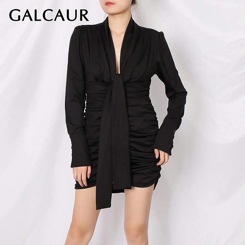 

GALCAUR Ruched Dress For Women V Neck Long Sleeve High Waist Patchwork Minimalist Black Party Dresses Female 2021 Autumn Clothes