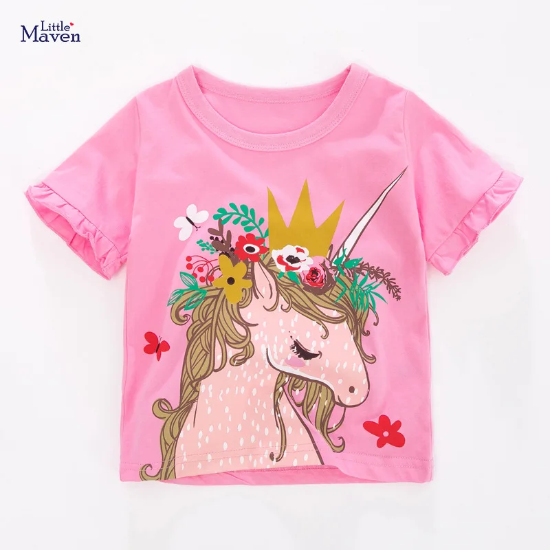 

Children 2021 Summer Baby Girl Tee Tops Kids 2-7 Years Clothes Pink Flower Unicorn Print Brand Cotton T Shirt QW110