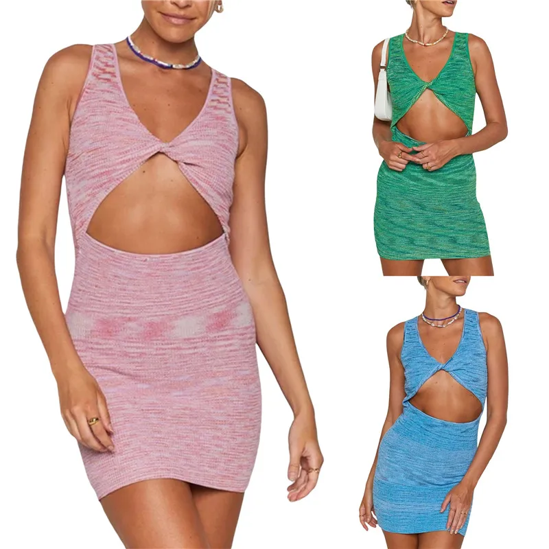 

Сексуальное женское облегающее короткое платье, однотонное розовое ажурное мини-платье без рукавов с V-образным вырезом