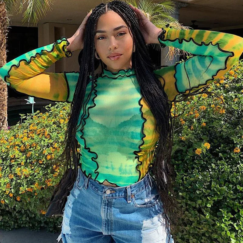 

YICIYA 2020 sexy Slim fit tops new Breathable women print t-shirt mesh material ruffles turtleneck full sleeve crop top female