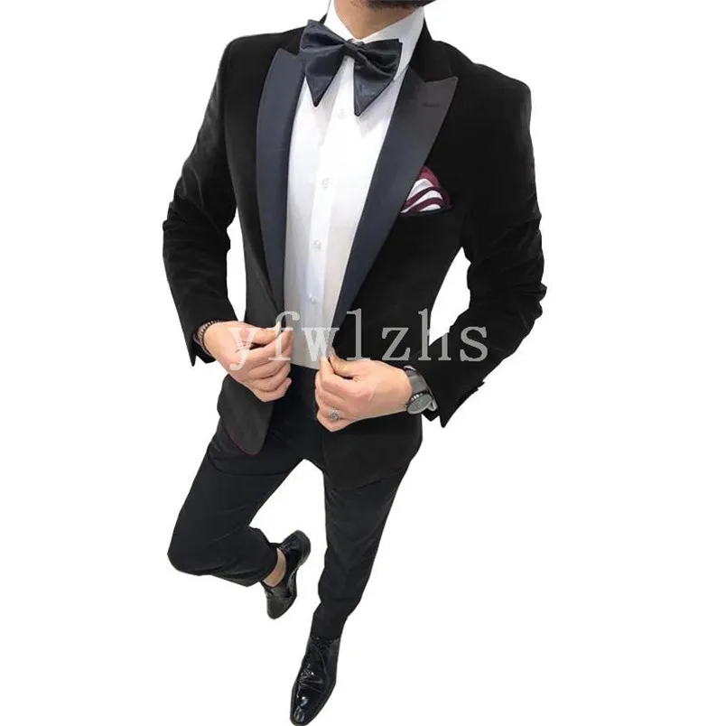 

Handsome Velveteen Groomsmen Peak Lapel Groom Tuxedos Mens Wedding Dress Man Blazer Prom Dinner (Jacket+Pants+Tie) A151