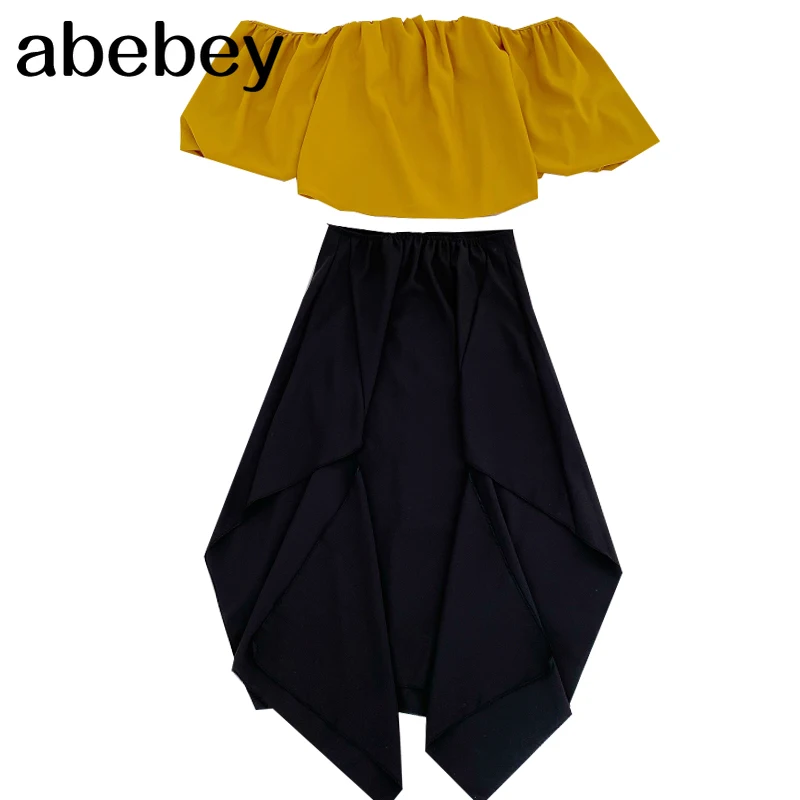 

2021 New Spring Summer Women Sexy Off shoulder Slash neck short Top + high waist slim irregular Skirt two piece set