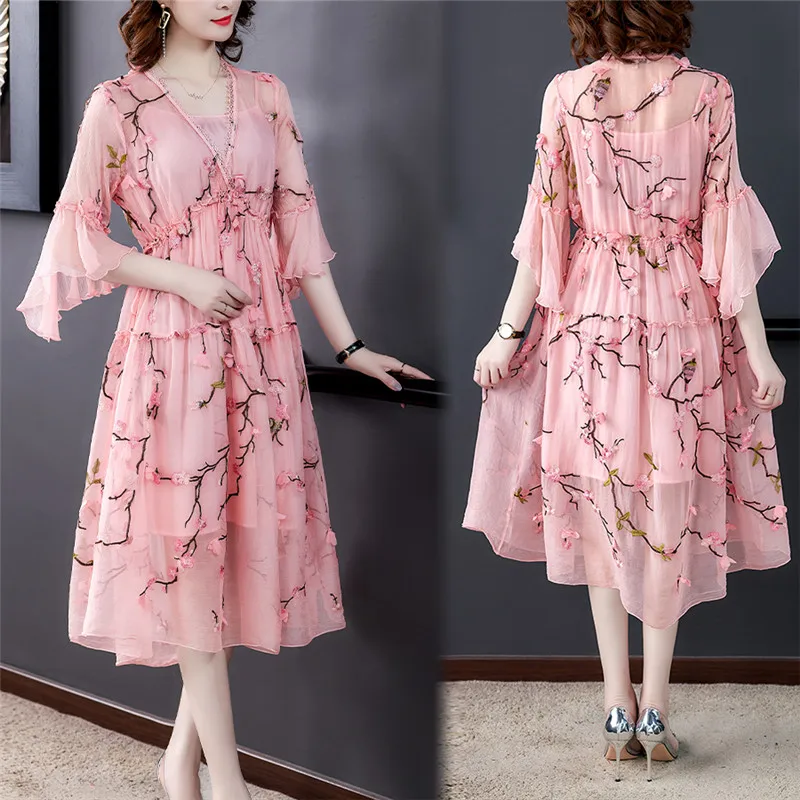 Женское платье с вышивкой Розовое свободное из искусственного шелка длинным