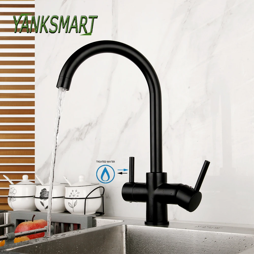 

YANKSMART Matte Black 360 Swivel Brass Drinking Faucet Dual Handles Kitchen Faucets Vessel Sink Deck Mounted Mixer Water Tap