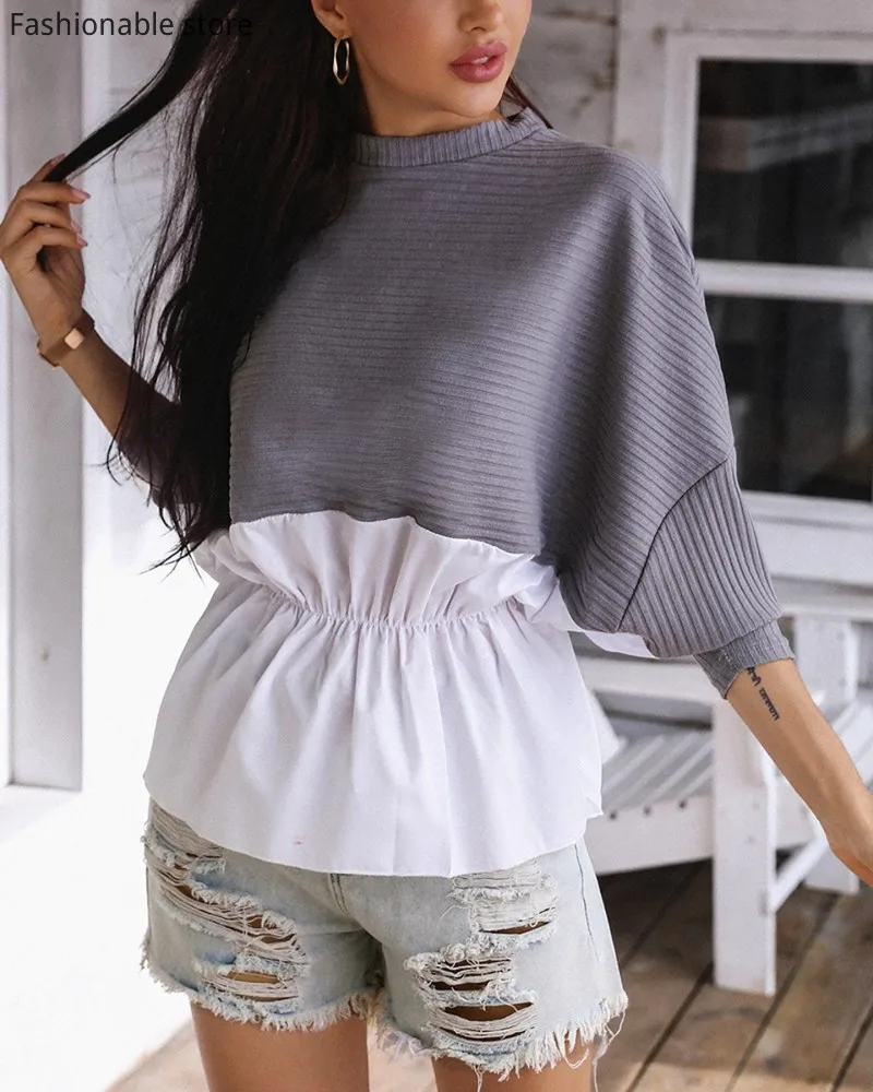 Женская Осенняя блузка в рубчик с круглым вырезом и рукавами летучая мышь |