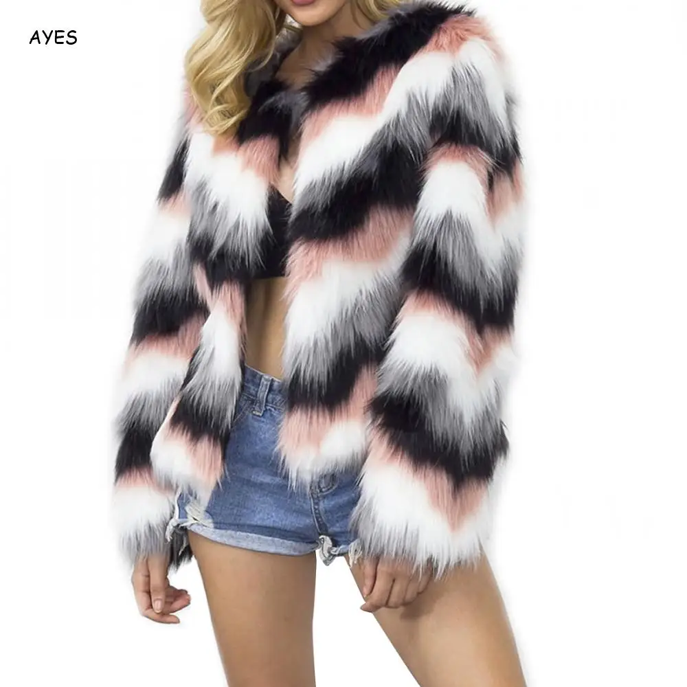 

Fur Coat Women Furry Fur Coat Women Fluffy Warm Gradient Color Outerwear Plus Size Winter Coat Jacket Mixed Color Hairy Overcoat