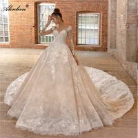 alonlivn noivas ball gown bridal dresses long train charming appliques lace o neck full sleeves wedding dresses