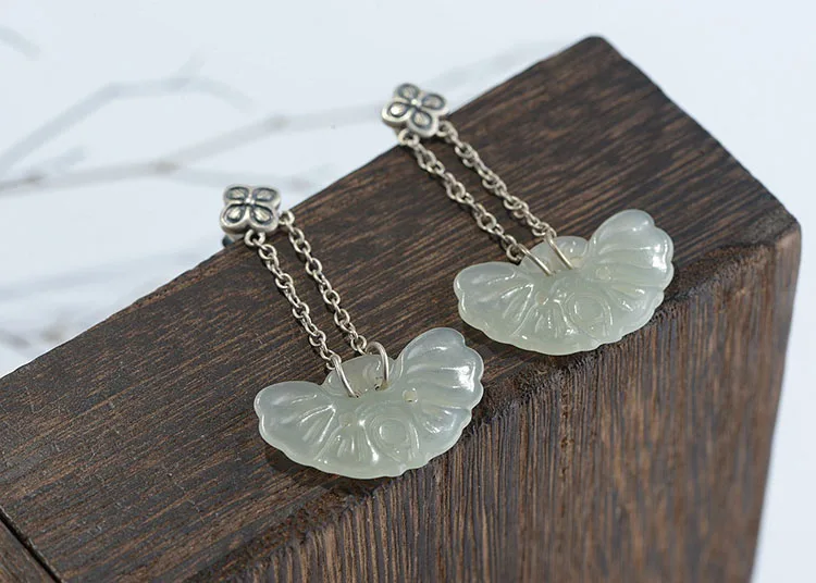 FNJ Hetian Jade серьги из 925 серебра,, Чистое Серебро S925 пробы, висячие серьги с кисточкой для женщин, ювелирное изделие, клевер
