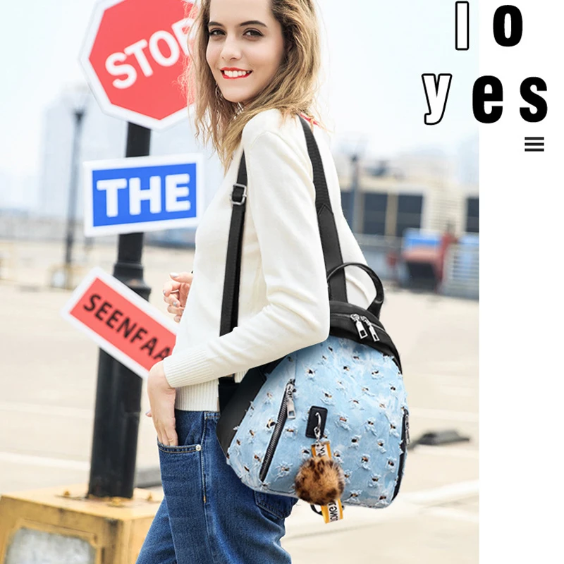 Женский рюкзак винтажный из потертой джинсовой ткани с вырезами школьная сумка