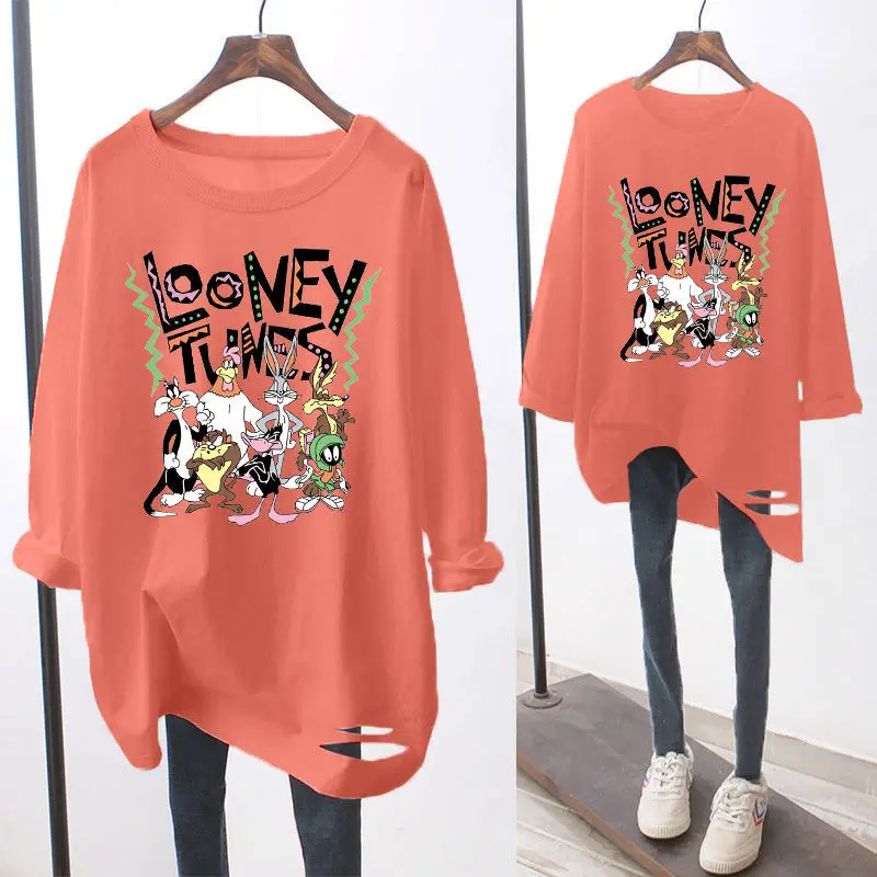 

2021 New Korean Version Long-sleeved T-shirt Women Printed Top Loose Bottoming Shirt Plus Size Hollow Out Shirts for Women