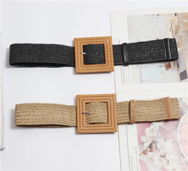 Летние эластичные плетеные соломенные поясные ремни с квадратной пряжкой