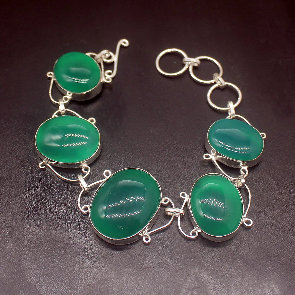 

Fashion Unique New Hot GreenAgate Silver Color Charms Links Bracelets For Women 8 inch HD671