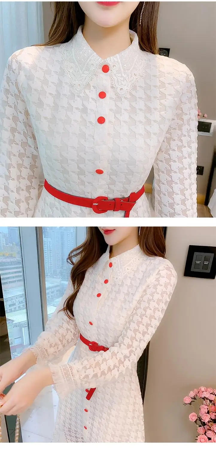 

High Quality autumn fashion women Elegant Lace Dress Women's Clothes Hollow Out Dresses Vestidos with belt