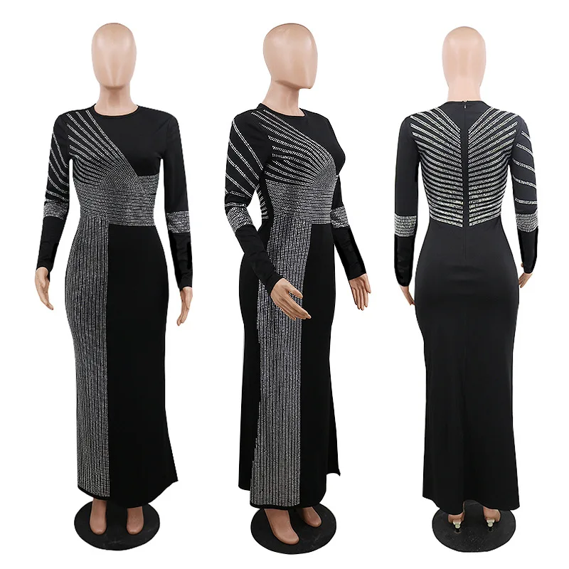 

Zoctuo 2020 O-Neck Sexy Bodycon Dresses for Women Spring Winter Long Maxi Dress Full Sleeve Beading Open Fork Sexy Club Dress