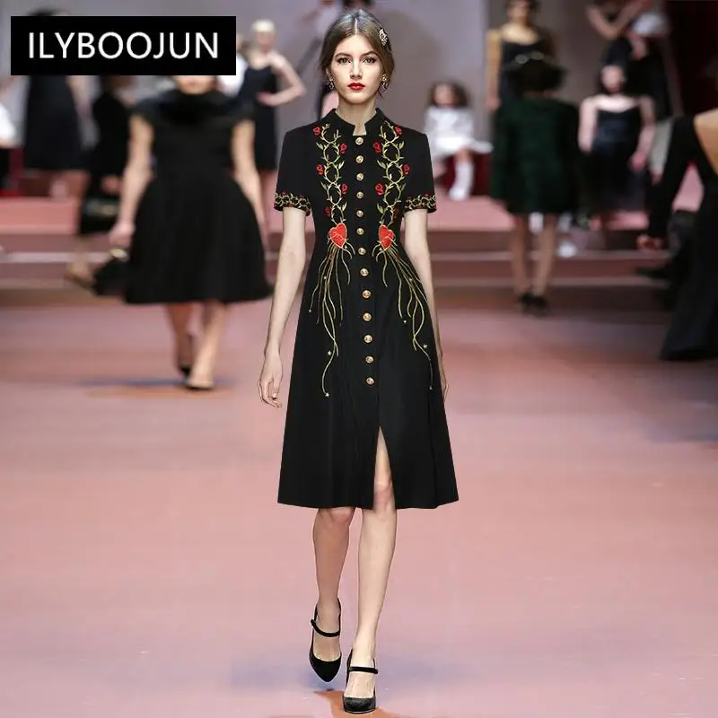 

Fashion Designer Summer Black Midi Dress Women's Stand-up collar Single-breasted Embroidered Vintage Party Dress