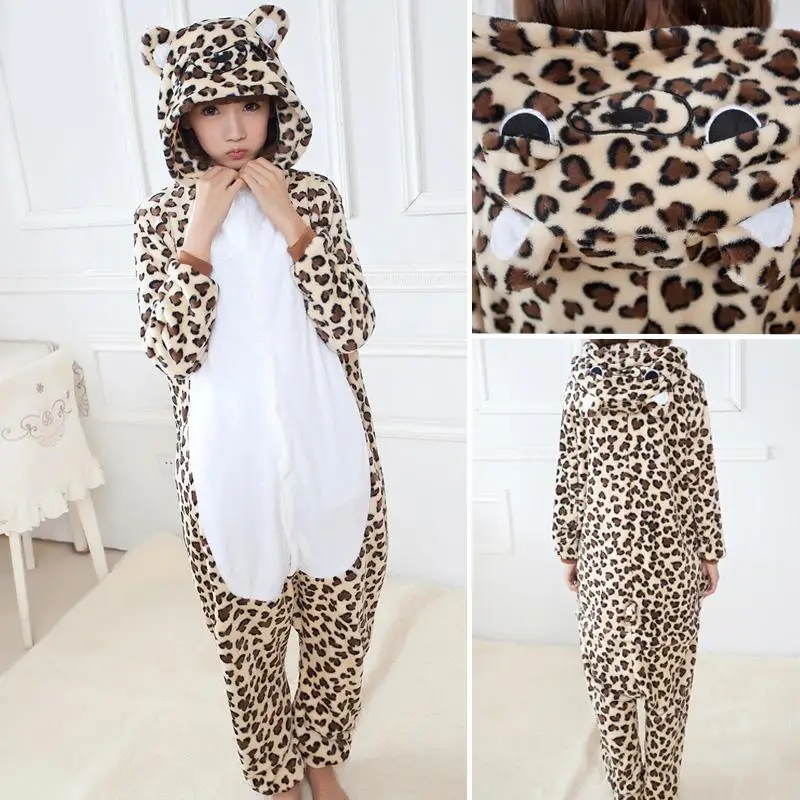 Leopard Bear FL Пижамы для взрослых, Женские Фланелевые пижамы, кигуруми, единорог, Ститч, тигр, Тоторо, Мультяшные животные, пижамные комплекты, пижамы с капюшоном - Цвет: Leopard Bear FL