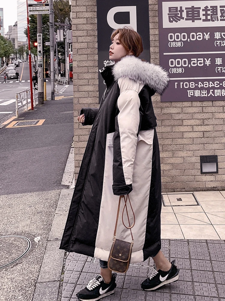 

Women X-long Parka Thick Warm Winter Coats Korean Large Fur Hooded Loose Bread Hit Color Jackets Puffer Coat manteau hiver femme