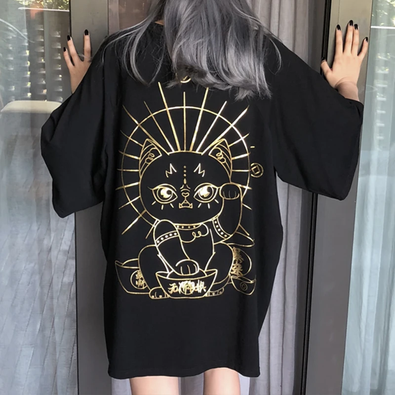 Oversized T Shirt Women Lucky Cat Letters Print Harajuku Cotton Tops Tee Aesthetic Grunge Tumblr Loose T-Shirts Outfits Summer | Женская